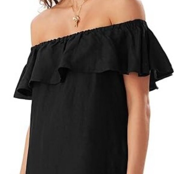 NWT! Tommy Bahama Black Linen Off Shoulder Ruffle Swimsuit Cover Up Dress NEW! - Picture 2 of 3